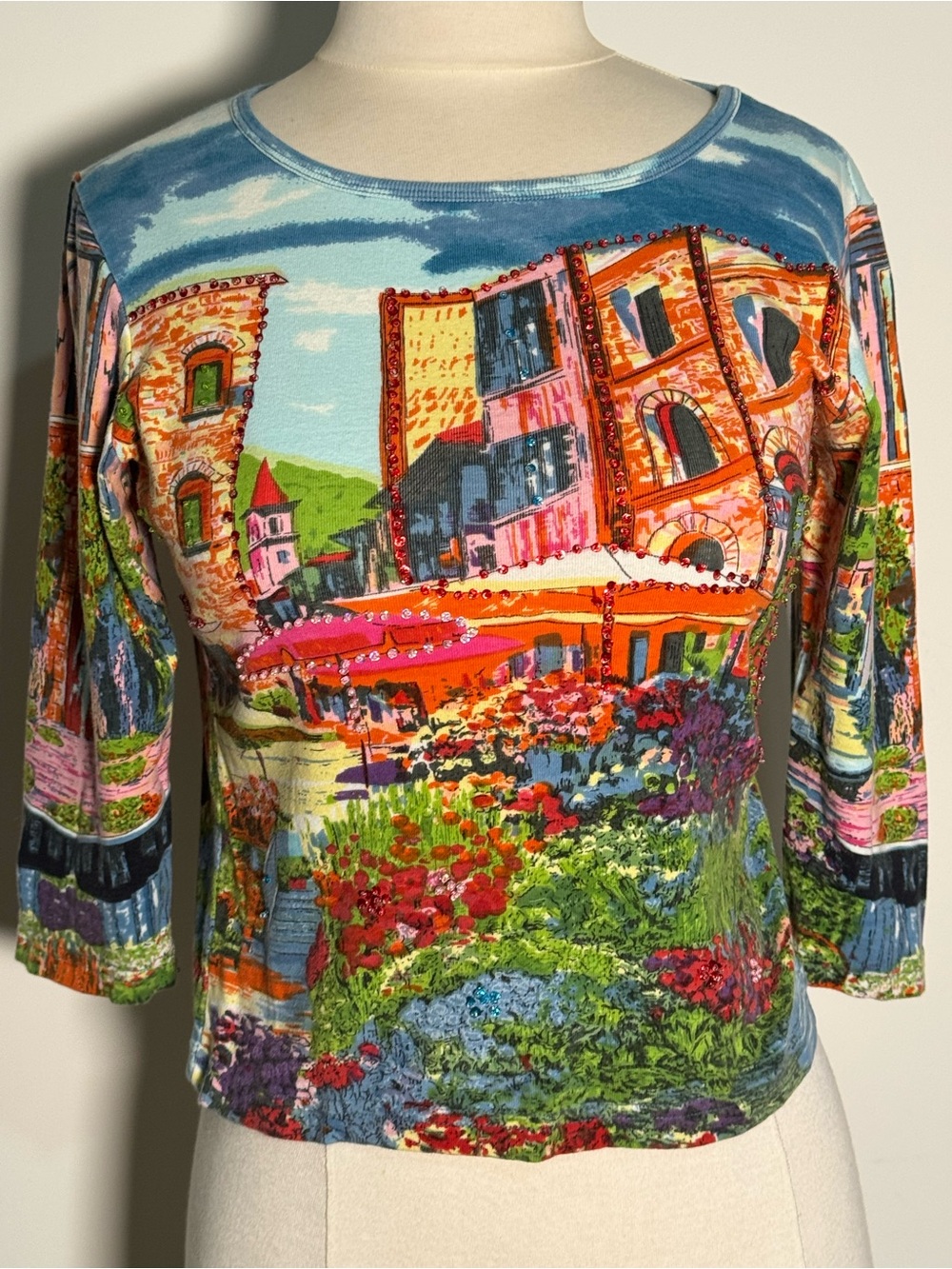 Vintage Italian Village Graphic Top Beaded Sequined 3/4 Sleeve Petite Small Y2K